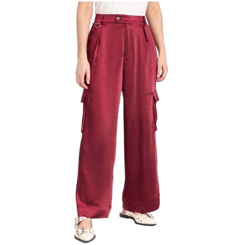LNA Clothing Pants Women Medium‎ Red Silky Cargo Pants Wide Leg Luxury Retro